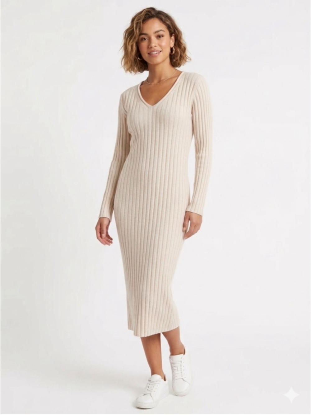 Women's H&M Cream Beige Ribbed Knit Long Sleeve V-Neck Midi Dress Medium - 791